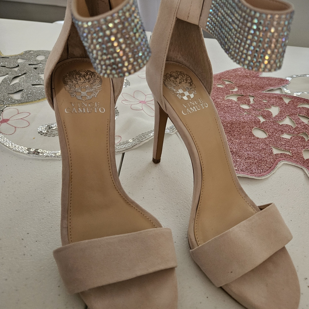 Vince Camuto Blush Suede Crystal Ankle-Strap Stilettos